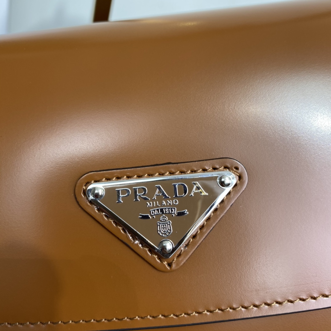 Prada Cleo Brushed Leather Shoulder Bag With Flap Cognac 1BD303